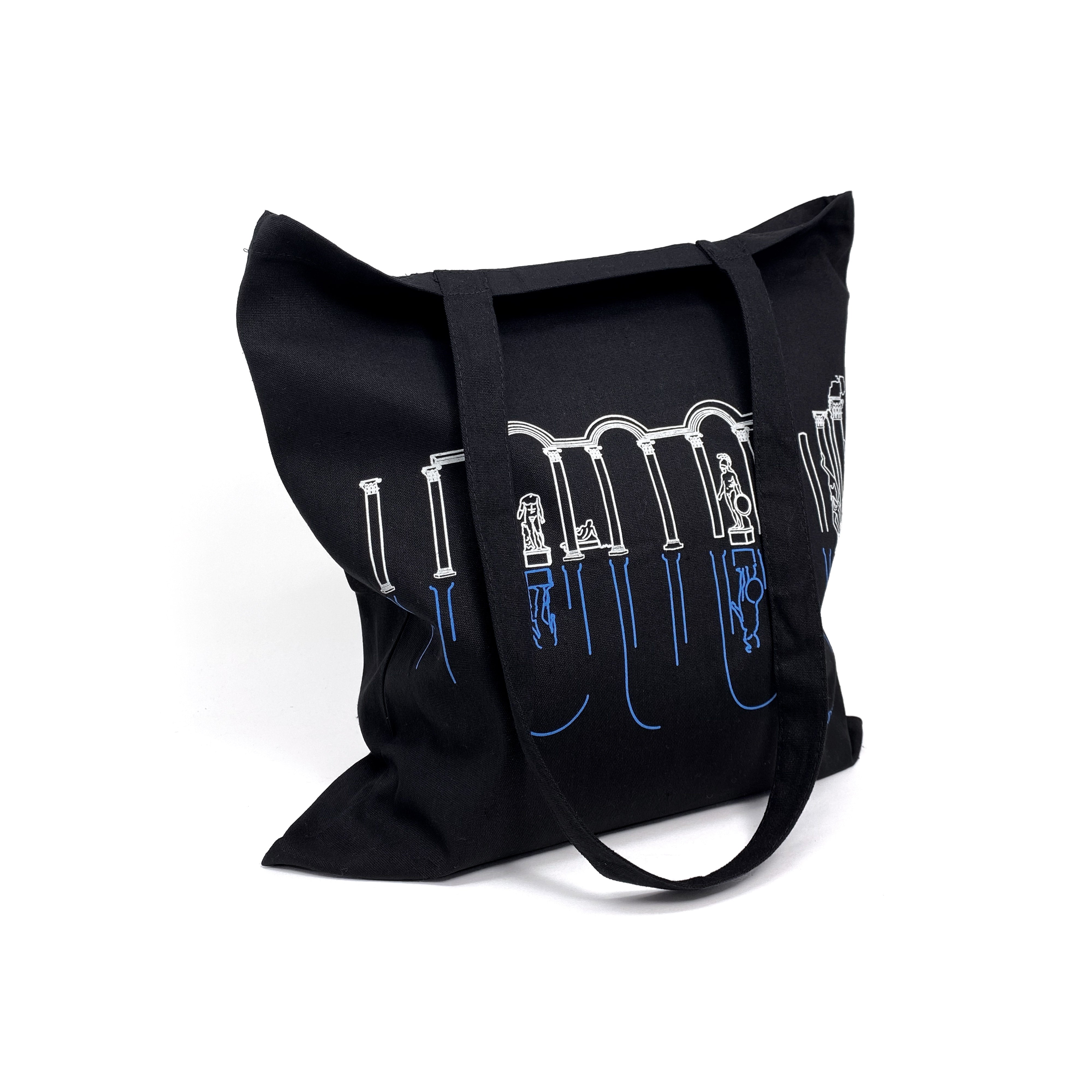 Shopper Villa Adriana in cotone nero con stampa artistica ispirata al sito romano di Tivoli – borsa riutilizzabile eco-friendly