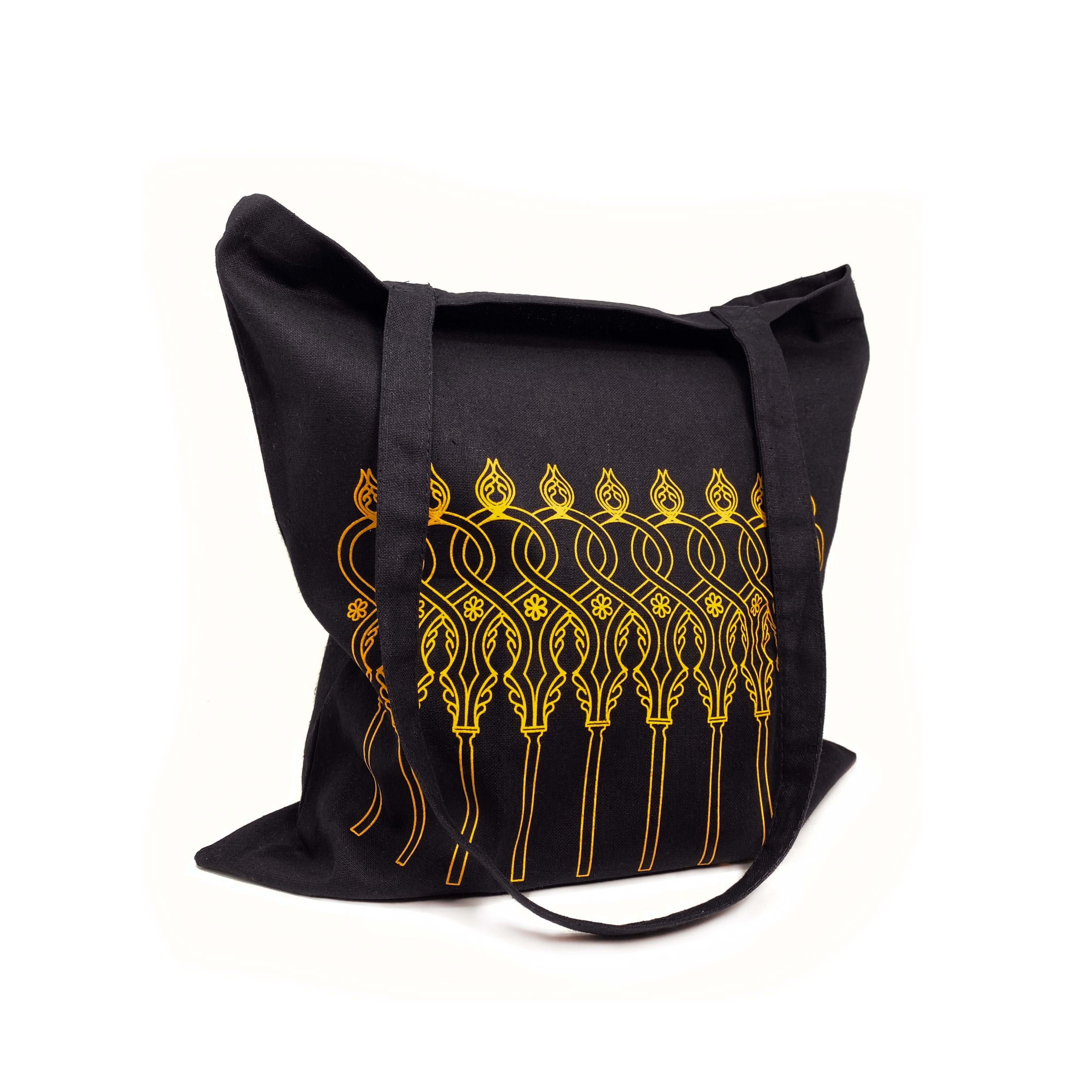 Shopper Villa Rufolo in cotone nero con stampa artistica ispirata ai giardini di Ravello – borsa riutilizzabile ed eco-friendly