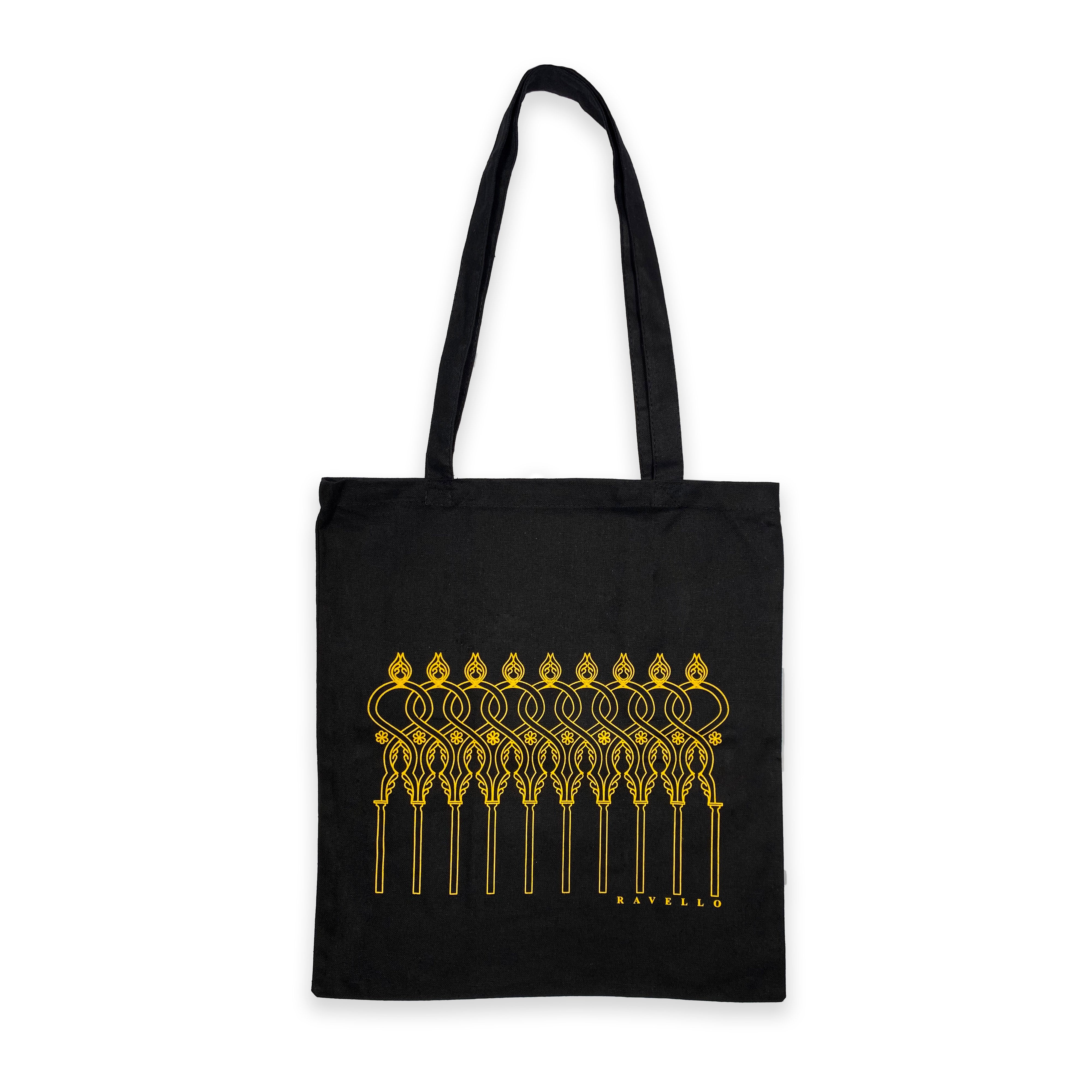 Vista frontale della borsa shopper Villa Rufolo in cotone nero – design artistico ispirato alla Costiera Amalfitana
